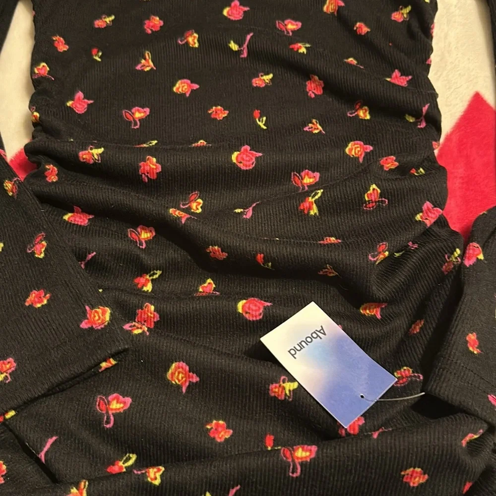 Abound Nordstrom black floral ribbed dress ruched sides NWT - Picture 9 of 10
